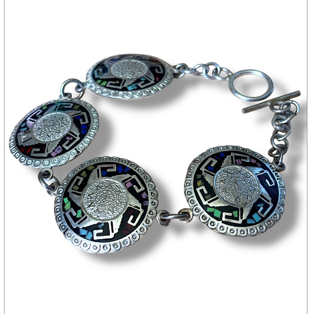 Vintage Mexican Aztec Calendar Inlay Bracelet